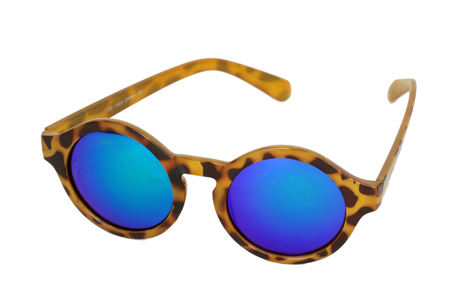 Runde Modesonnenbrille, helles SchildkrÃ¶ten-Design, verspiegelte GlÃ¤ser